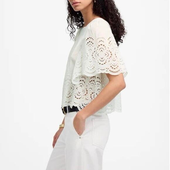 NWT Madewell Embroidered Eyelet Flutter-Sleeve Lace Trim Top White Size Small - Picture 2 of 10